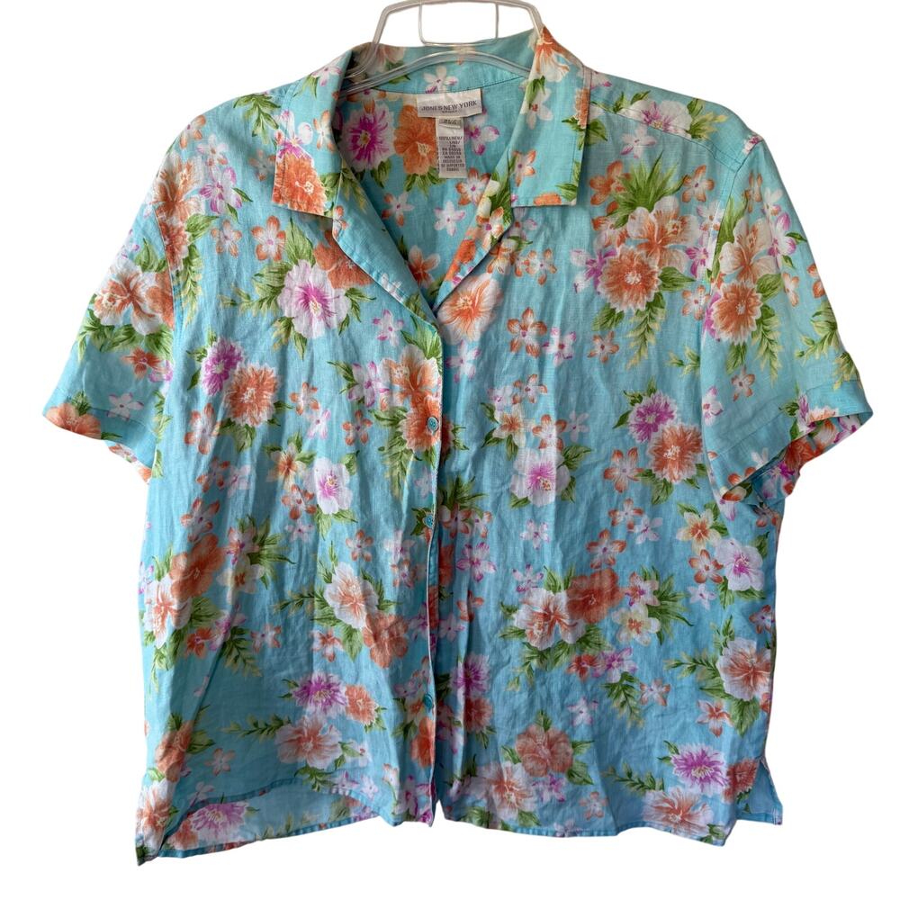 Jones New York LINEN Turquoise blue Multicolored floral Boxy buttondown shirt